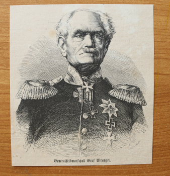 Holzstich Generalfeldmarschall Graf Wrangel 1866 Preussen Uniform Orden